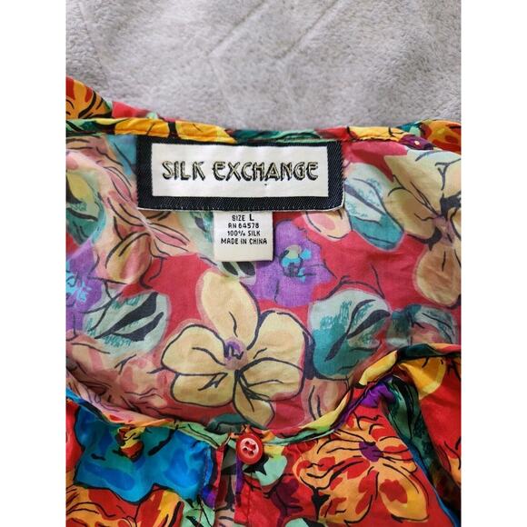 Vintage Silk Exchange 100% Silk Floral Tropical Hawaiian Ruffled Blouse Large - Picture 10 of 11
